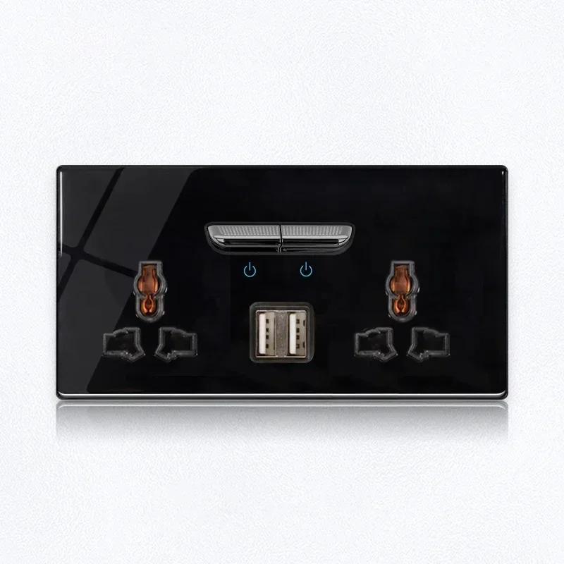 Черная закаленная стеклянная настенная панель выключателя LED 1-4Gang ретро тумблерный выключатель света стандарты ЕС и Великобритании 2 USB розетки, европейская розетка 16A