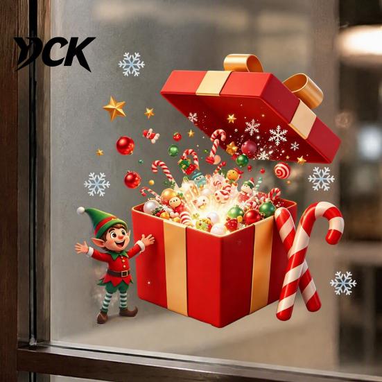 Seasonal Home Accents Christmas Elf Gift Box Static Window Clings, Reusable Stickers, Holiday Decals Candy Cane Snowflake Glass Stickers