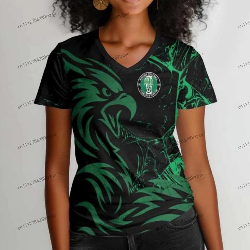 Nigeria Inspired Soccer Fan T Shirt Women Green White Eagle Pattern V Neck Short Sleeve Casual Supporter Top