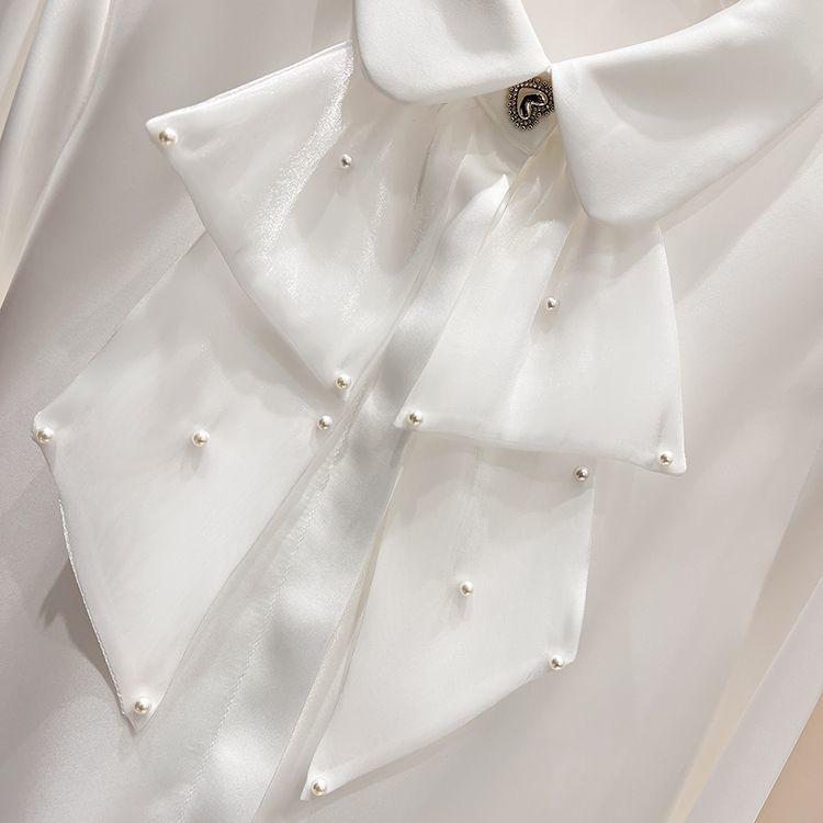 2024 Корейский стиль шифоновый топ с длинными рукавами и лацканами из бисера для женщин