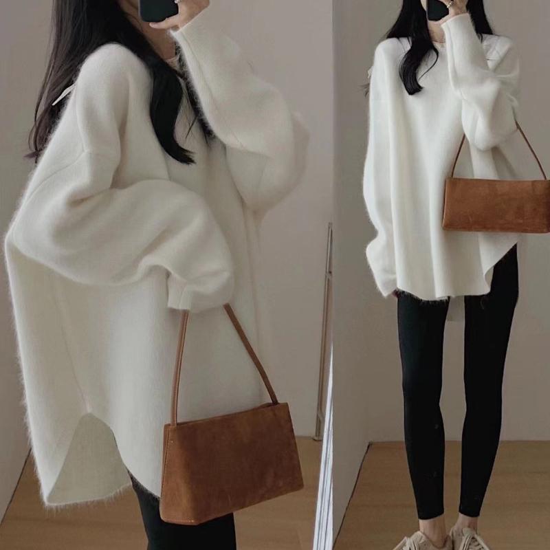 IHUASU Wool Pullover Jumper Women's Autumn and Winter Outer Wear In The Long Section of Lazy Open Knit Sweater