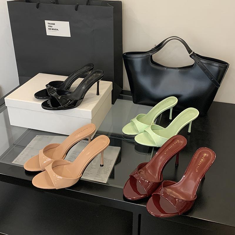 Летние кожаные женские тапочки, сандалии, круглый открытый носок, тонкие высокие каблуки, мюли, шлепанцы, летние туфли для вечеринок