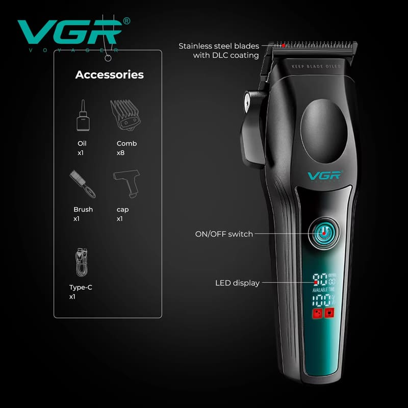 VGR Новая Высококачественная Долговечная Машинка для Стрижки Волос Металлический Корпус Титановый Сплав Острая Бритва Триммер для Волос ЖК-дисплей Умная Цифровая Бритва Средства Личной Гигиены