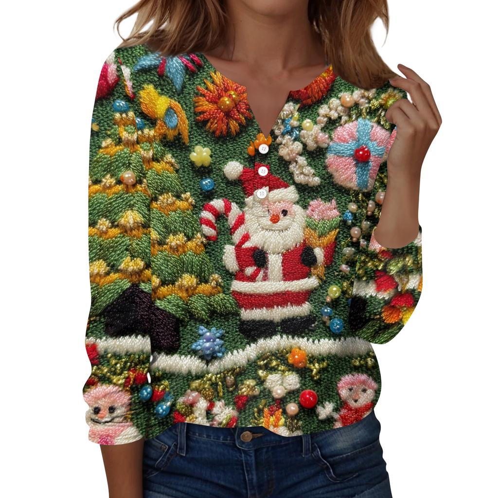 Women's Fashion Casual V-Neck Long Sleeve Decorative Button Christmas Print Top
