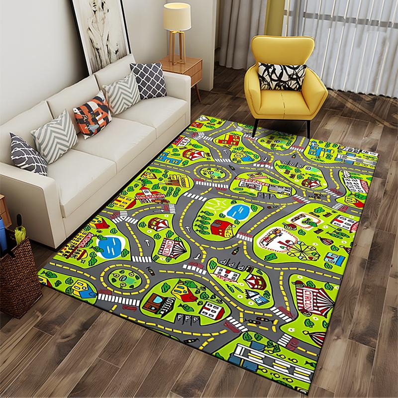 Colorful cartoon city road map for kids playtime Non-slip rug suitable for living room and bedroom sofas