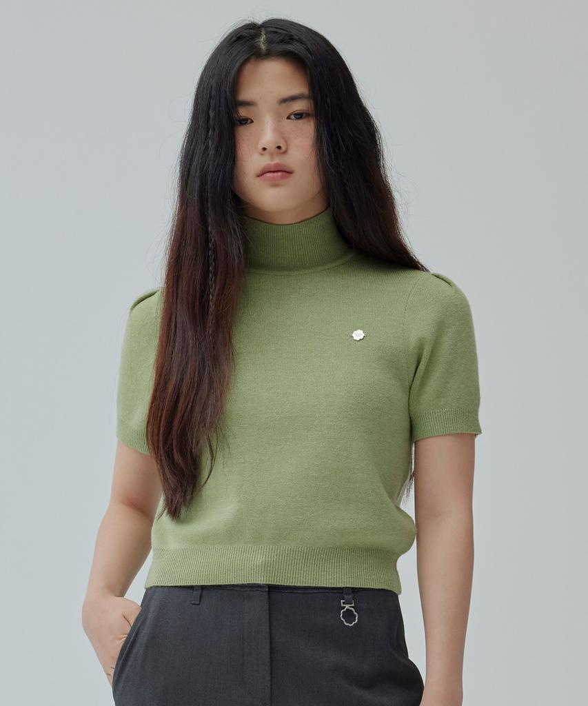 COVERNAT WOMAN Turtleneck Puff Sleeve Half Knit Light Green