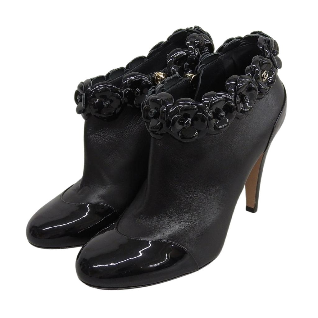 Great CHANEL Ankle boots black leather Women 38.5 G31795 Used