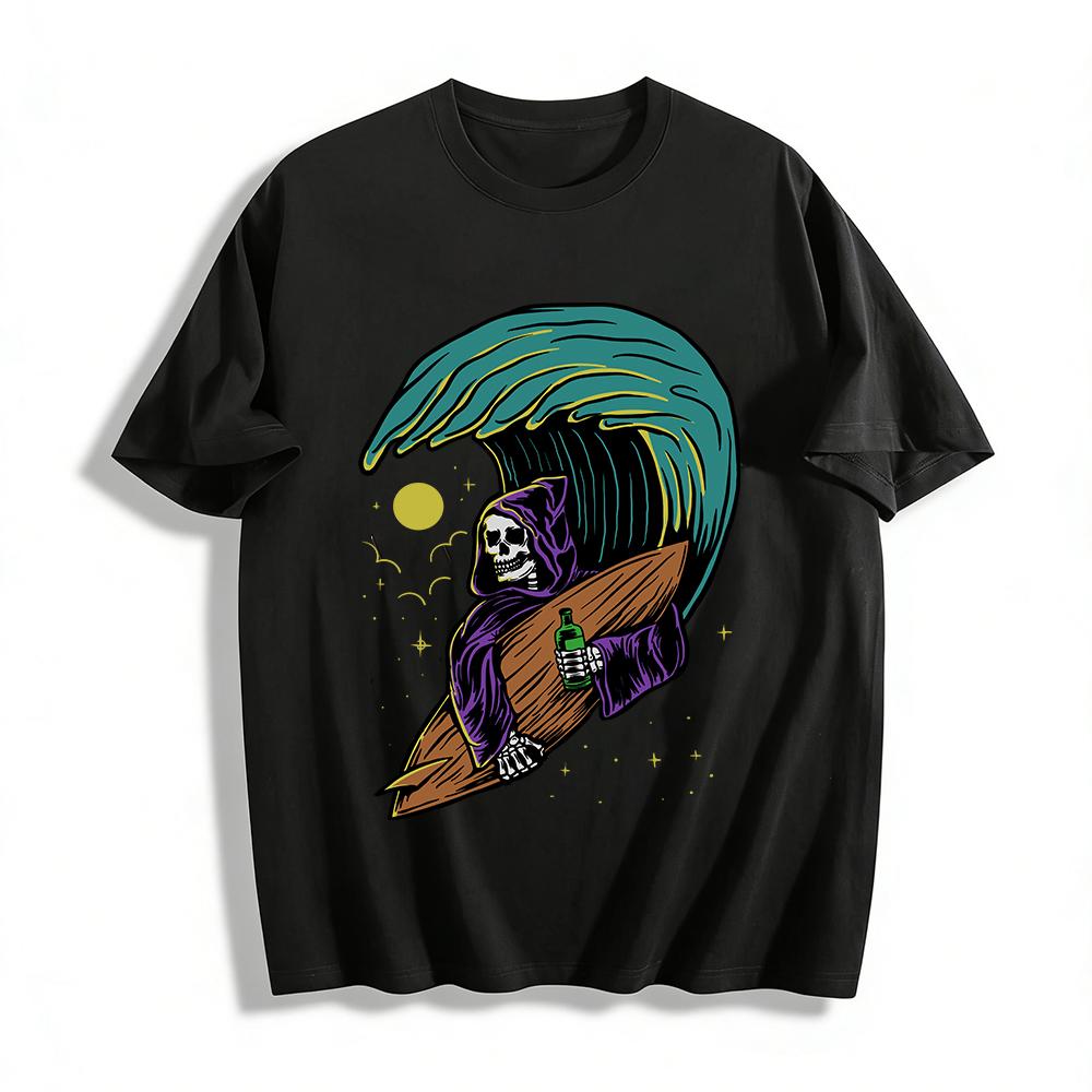 Vintage Surfing Skull Print Tee Street Style Casual Crewneck Top Pure cotton T-shirt