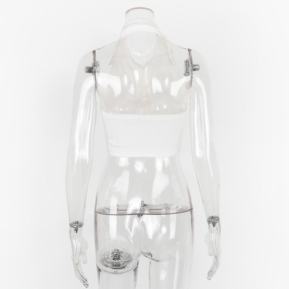 Сексуальный топ-кроп без рукавов с глубоким V-образным вырезом на пуговицах, летний белый, с открытой спиной, женская майка-халтер, клубная уличная одежда, повседневные топы