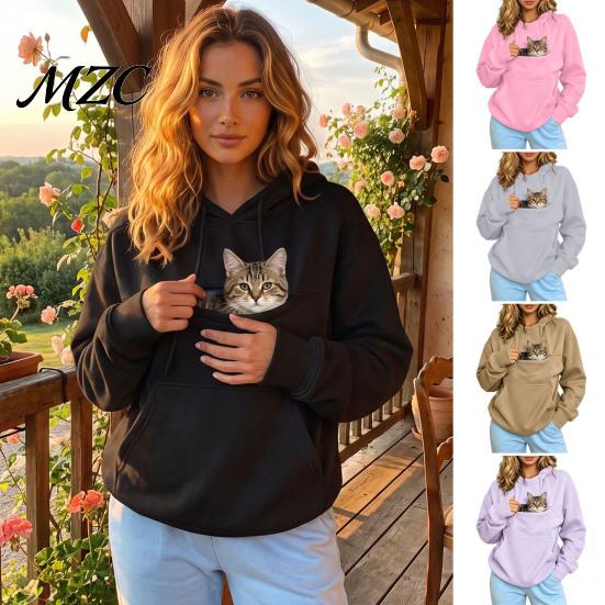 Solid Color Sweatshirt Women Hoodie with Pet Pouch, Hooded Kangaroo Cat Pouch Pocket Pullover Pocket, Casual Top for Carrying Small Dogs Cats Holder