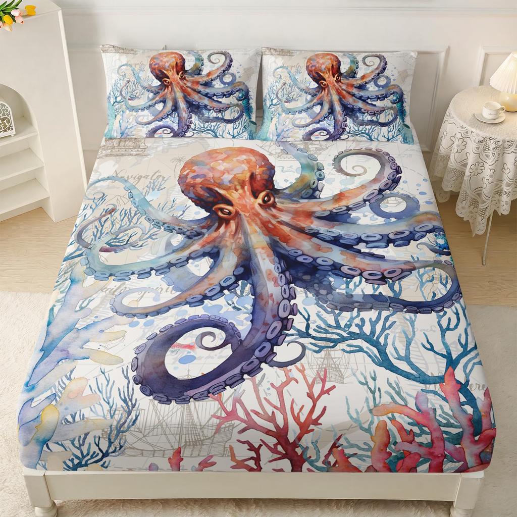 Marine Life Pattern Sheet Three-Piece Digital Printed Sheet Bedding Set Adult Children