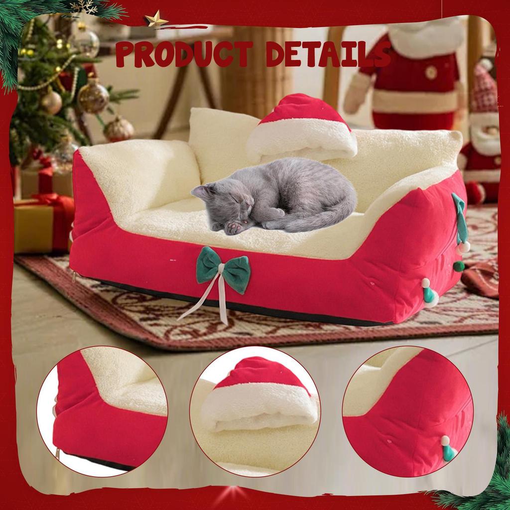 Cat Bed Sofa Pet Couch As Cute Furniture with Christmas Hat And Bows, Scratch-resistant