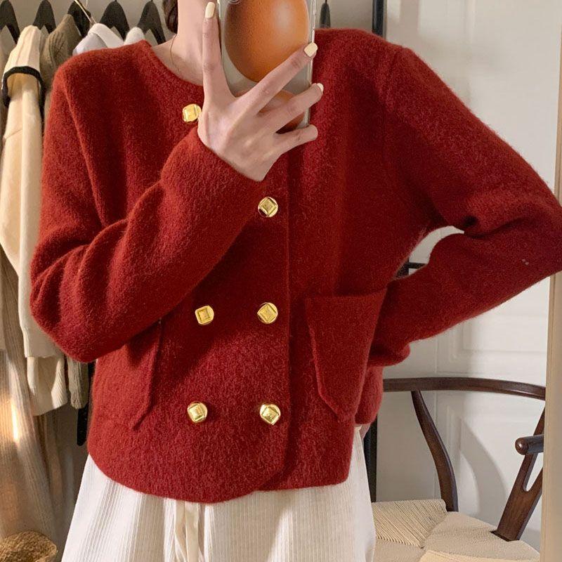 Двубортный вязаный кардиган, женский свитер, осень и зима 2023, французский кардиган с короткими рукавами, пальто, женские топы