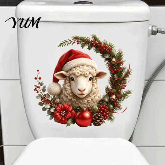 Christmas Theme Bathroom Decor Sheep Toilet Stickers, Self-Adhesive Lamb Lid Decals, Waterproof Garland Stickers Xmas for Tank Tile Home Holiday