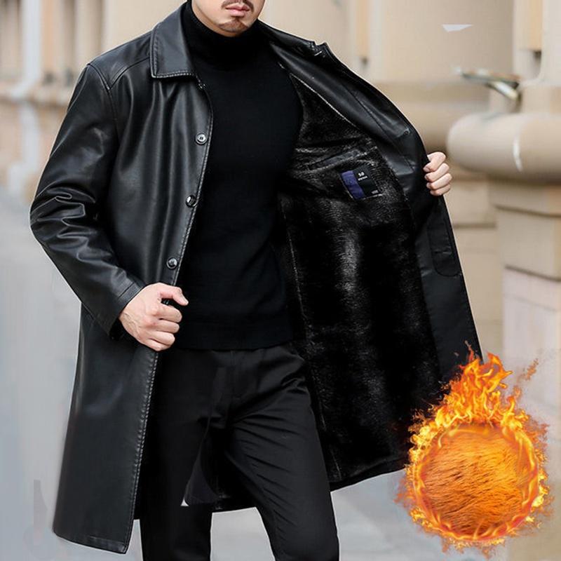 New Winter and Autumn Men's Warm Thick Long Leather Jacket Pu Leather Lapel Windbreaker