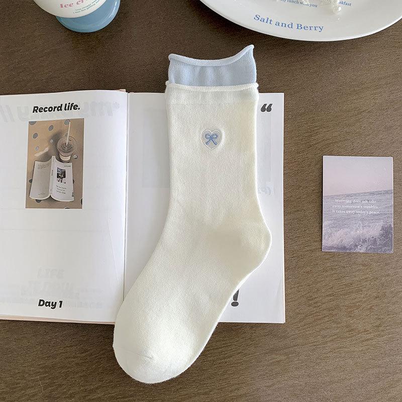 Женские весенне-осенние милые носки-гольфы средней длины с бантом и кружевом в сочетающихся цветах