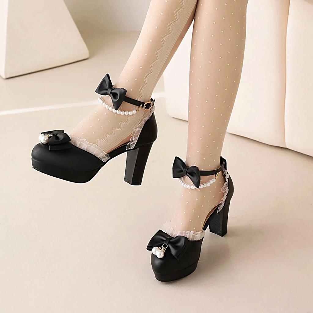 Туфли-лодочки конфетных цветов с круглым носком на высоком каблуке, с кружевной отделкой и вырезом в виде бабочки, размеры 35-43 для женщин