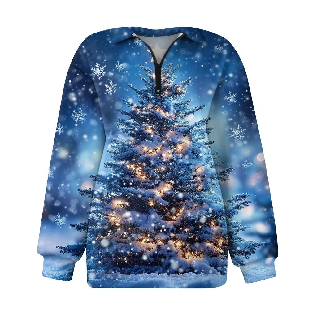 Women's Fashion Casual Long Sleeve Printed Zipper Turtleneck Drop Shoulder Sweatshirt Top