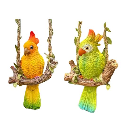 Resin Parrot Swing Figurine Outdoor Hanging Animal Sculpture Tropical Bird Swing Statue for Patio