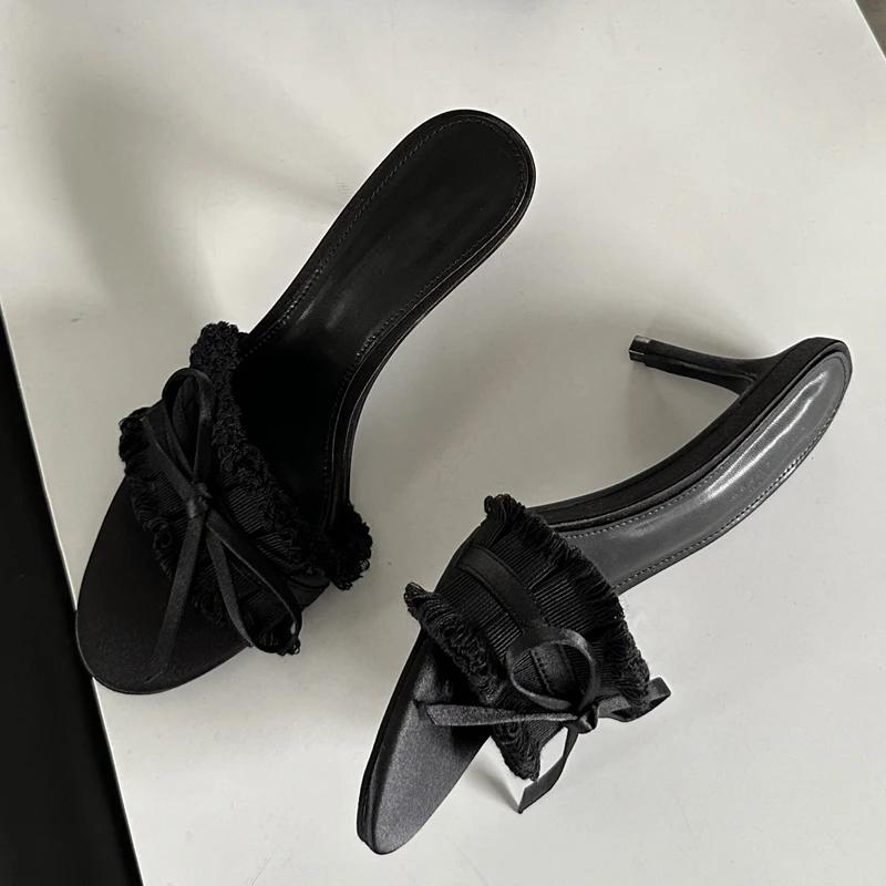 Модные летние шелковые плиссированные тапочки с бабочкой, женские модные туфли на тонком каблуке для вечеринок, стриптизерши, женские мюли, шлепанцы, роскошные дизайнерские сандалии