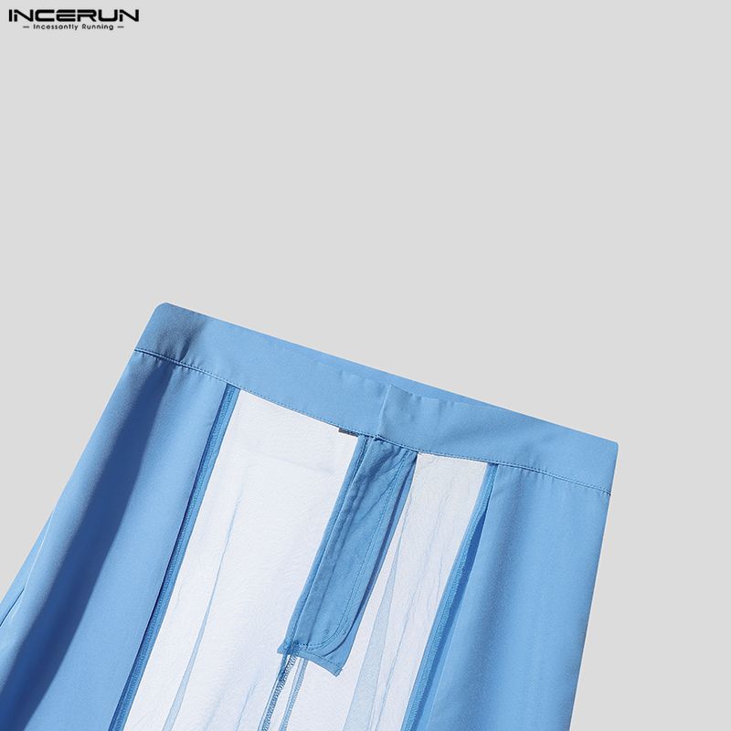 INCERUN Мужские брюки с широкими штанинами, на молнии, с сетчатой полупрозрачной вставкой на талии