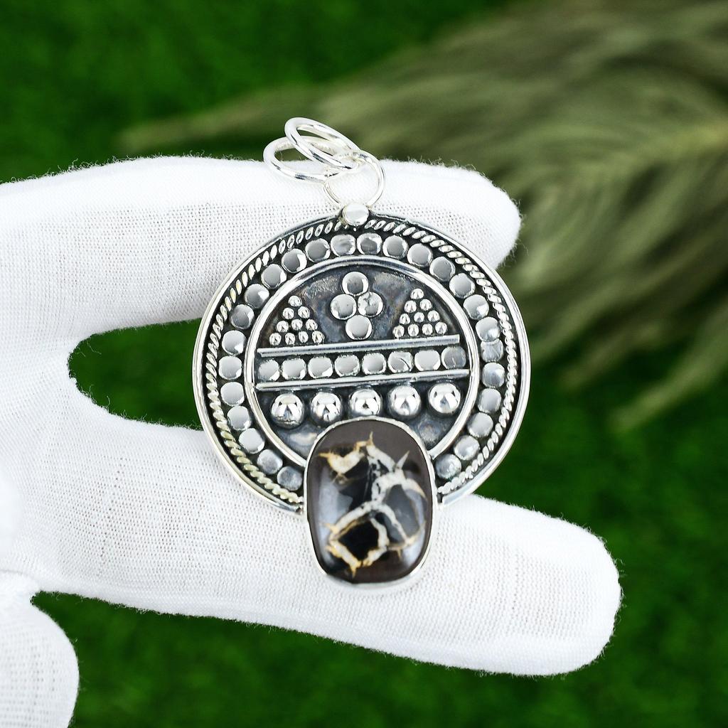 Moroccan Mud Crack Fossil Stone Bezel Art Deco Pendant Jewelry Sterling Silver