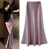 Women High Waist Wrapped Solid Fishtail Smooth Satin A-Line Midi Skirt Skirt Hip Color Large