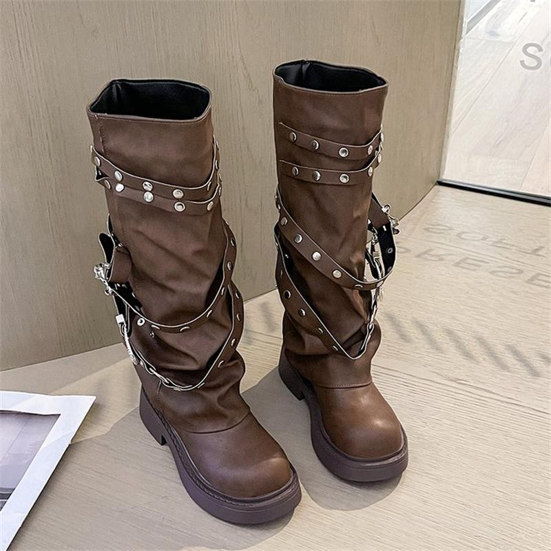 Autumn Biker Boots Fashion Women's Knight Booties Casual Rivet Ladies Short Booties Elegant Belt Buckle Platform Vintage Boots