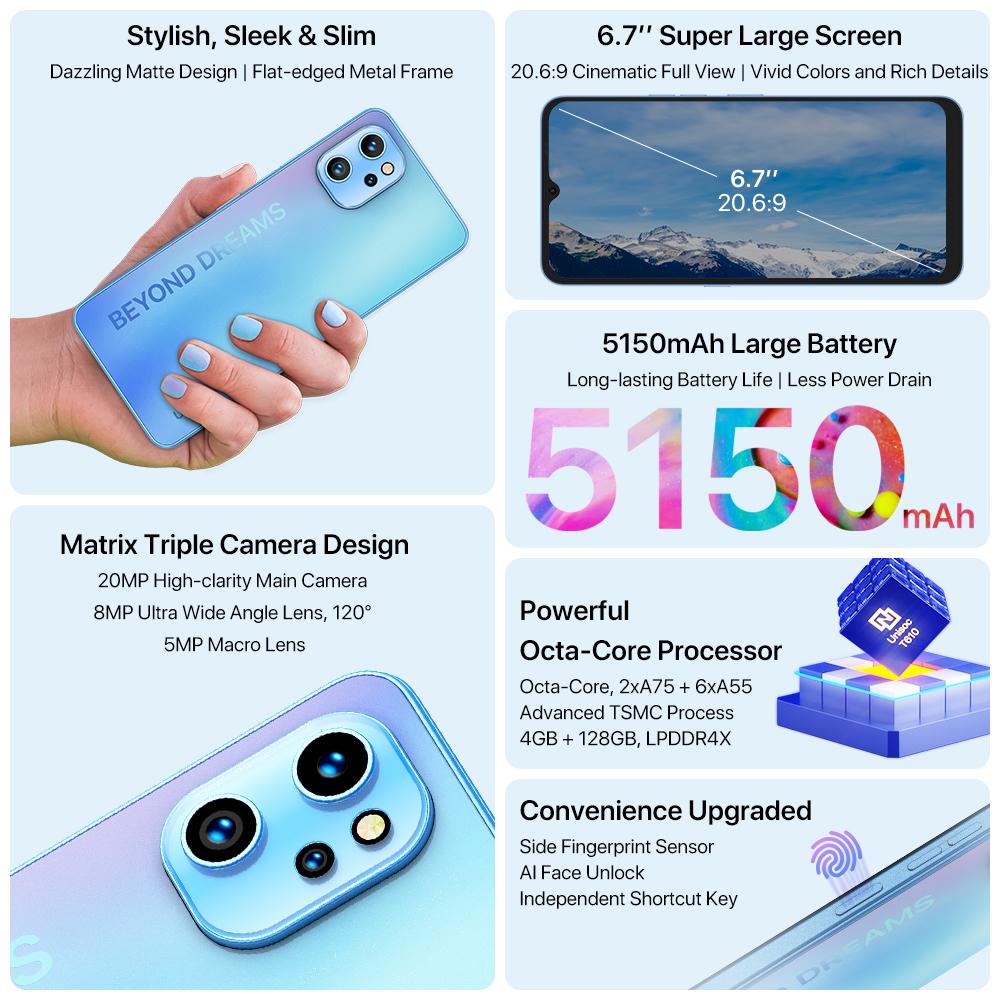UMIDIGI Смартфон A13 Android 11 Unisoc T610 4 ГБ 128 ГБ 20 МП AI Тройная камера 6,7-дюймовый полноэкранный дисплей Аккумулятор 5150 мАч Мобильный телефон