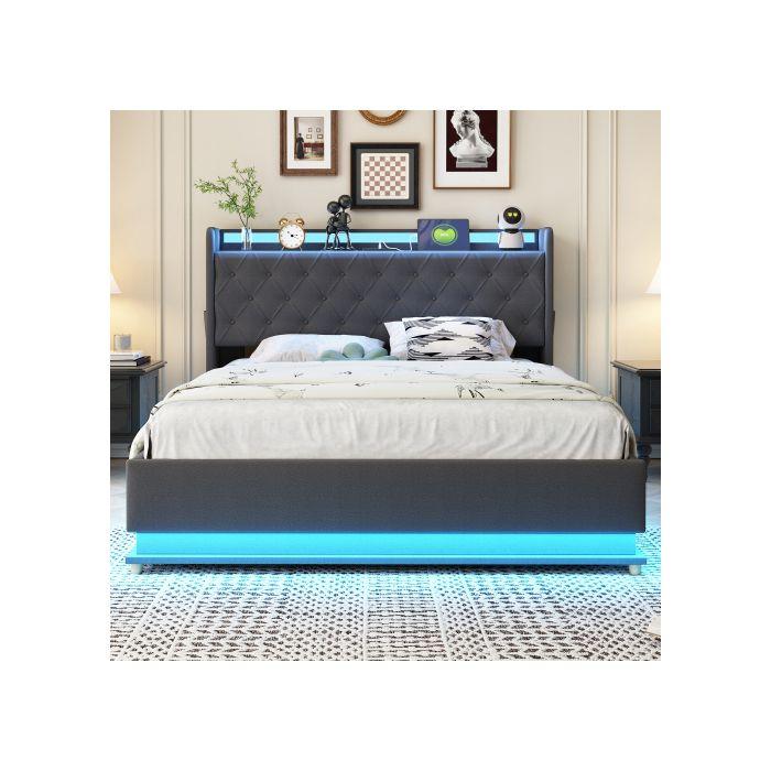 Светодиодный - MUVOE - 140x200 см - Серая льняная ткань - USB-зарядка - Гидравлический подъемный механизм