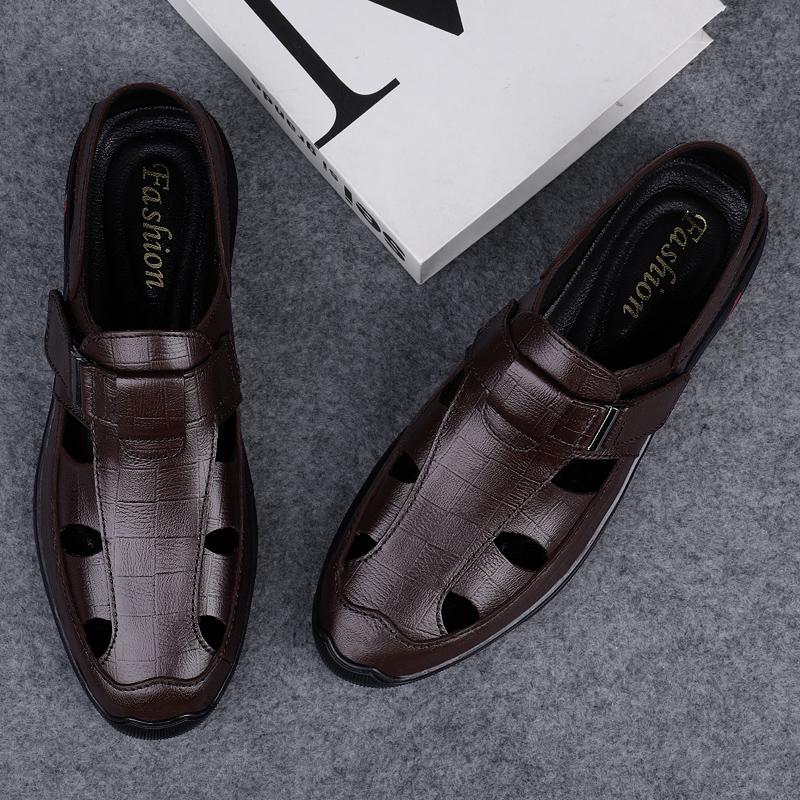Genuine Leather Mens Casual Shoes Outdoor Breathable Sandals for Men Hollow Out Male Beach Shoes Roman Shoes Cool Summer Flats