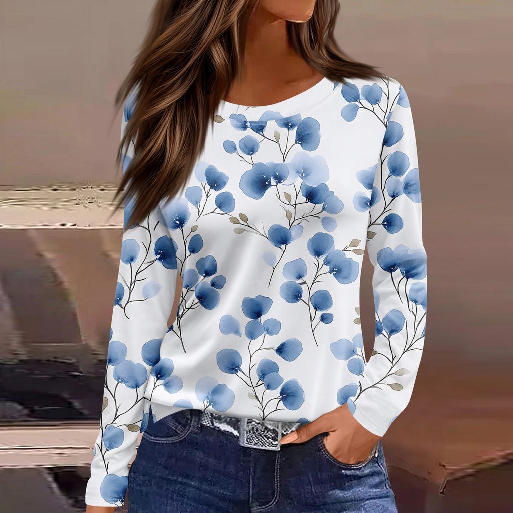 Женская модная повседневная свободная футболка с принтом и круглым вырезом с разрезом и длинным рукавом, женский топ