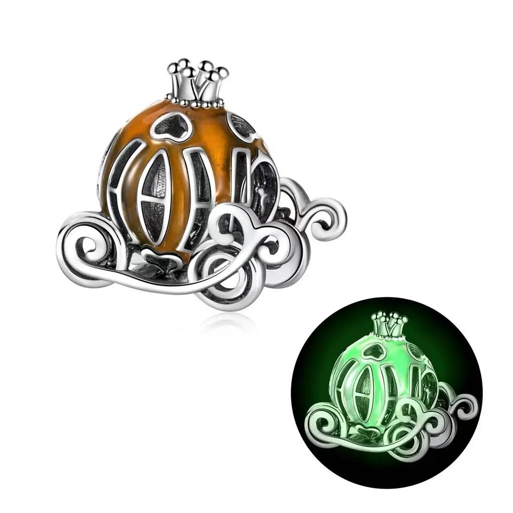 New Glow-In-The-Dark Pumpkin Carriage & Skull & Ghost Beads Charm Fits Original Bracelet Copper Halloween Pendant