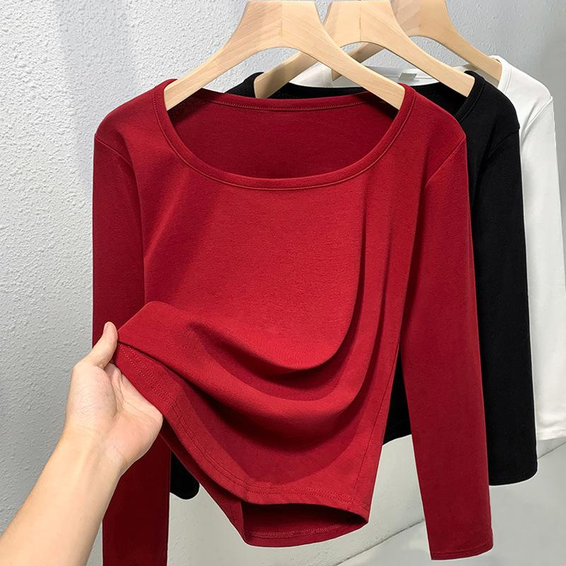 Белая футболка с длинными рукавами, квадратным вырезом и прямыми плечами, женская новая футболка с тонкой внутренней частью на раннюю осень, облегающий и тонкий верх