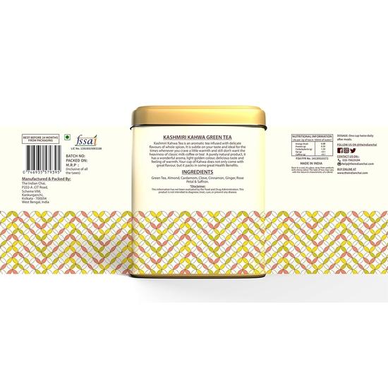 Индийский чай - Кашмирский зеленый чай Kahwa 30 пакетиков-пирамидок, цельнолистовой зеленый чай с миндалем, кардамоном, гвоздикой, корицей