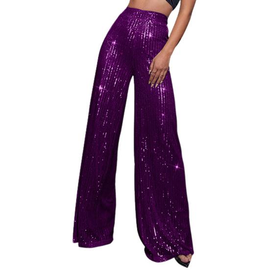 Women Nightclub Long Pants High Waist Sparkling Sequined Straight Wide Leg Pants Elastic Waist Loose Fit Solid Color Trousers