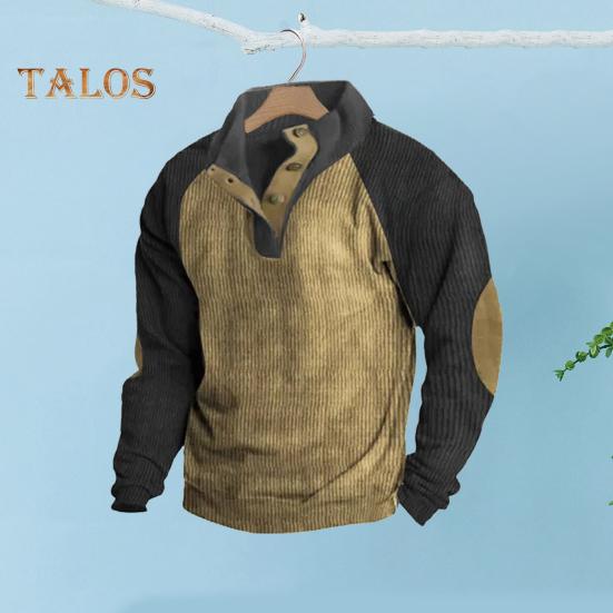 Весна Осень Мужская Толстовка Цветные Блоки Пэчворк Ретро Стиль Полуоткрытый Воротник-стойка Топ Плюс Размер Свободный Длинный Рукав Топ Повседневная Жизнь Офис