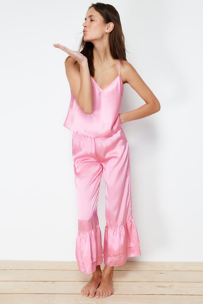 Women's Fashion New Pajama Set Pink Flounce Detailed Rope Strap Capri Satin Woven Pajama Set