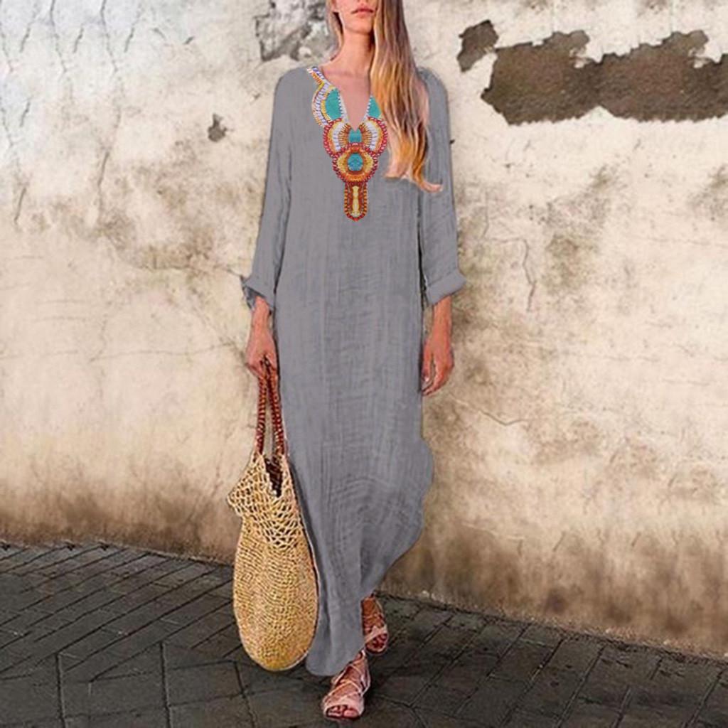 Женское платье макси с длинными рукавами и v-образным вырезом с принтом, мешковатый кафтан с разрезом по краю, длинное платье