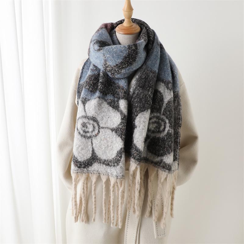 Flower Pattern Winter Warm Women Scarf Simple Soft Faux Cashmere Blanket Wrap Shawls Foulard Pashmina Neckerchief Poncho Tassel