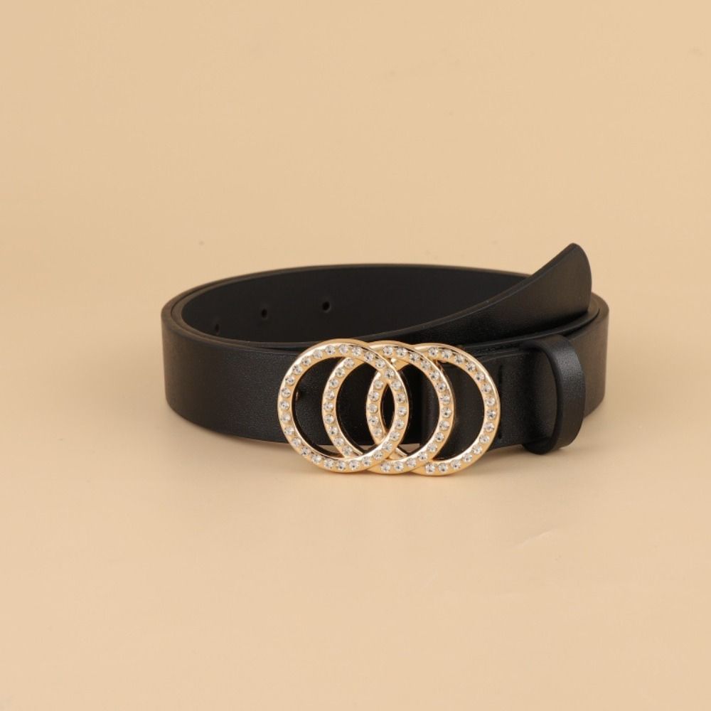 Luxury Design Rhinestone Slide Buckle Belt with Three Ring Thin Waist Strap Leather Belt  For Women