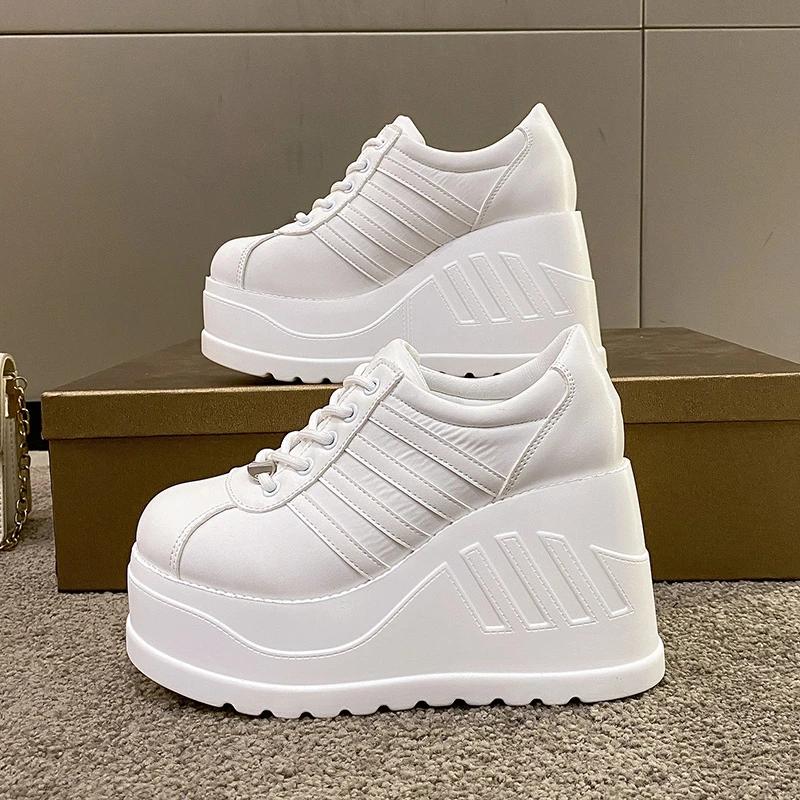 Мода 2025 Белая обувь Женская Шнуровка Искусственная кожа Танкетка Высокий каблук Туфли Женские Дышащие Массивная платформа Модные Кроссовки Размер 42