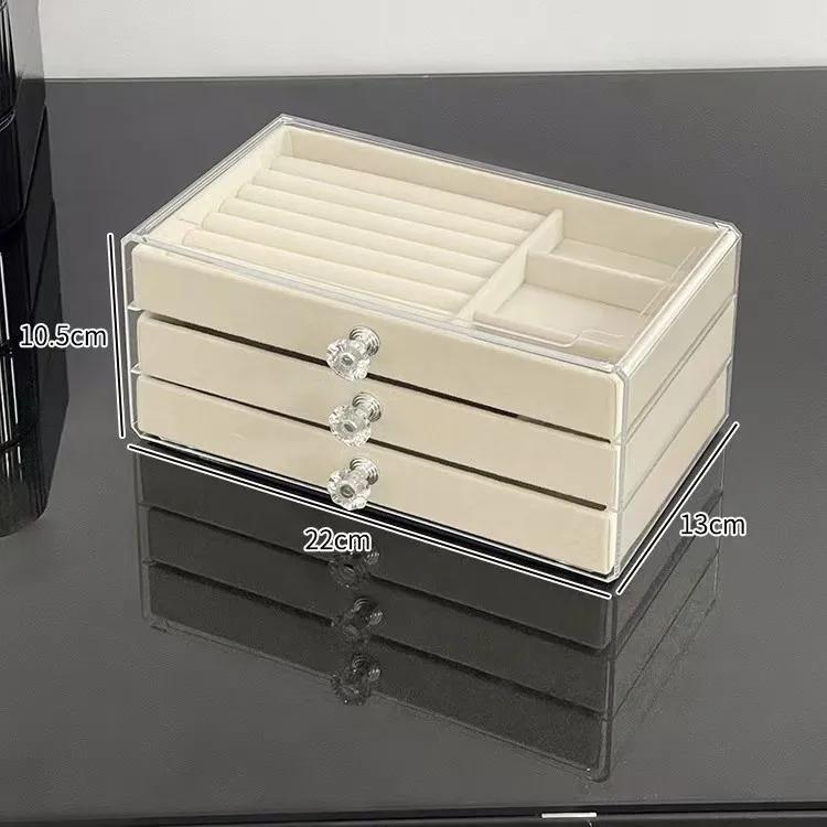 Acrylic Velvet Jewelry Organizer with 3 Drawers Stackable Display Storage Earrings Necklace Bracelets Box Holder Case for Women