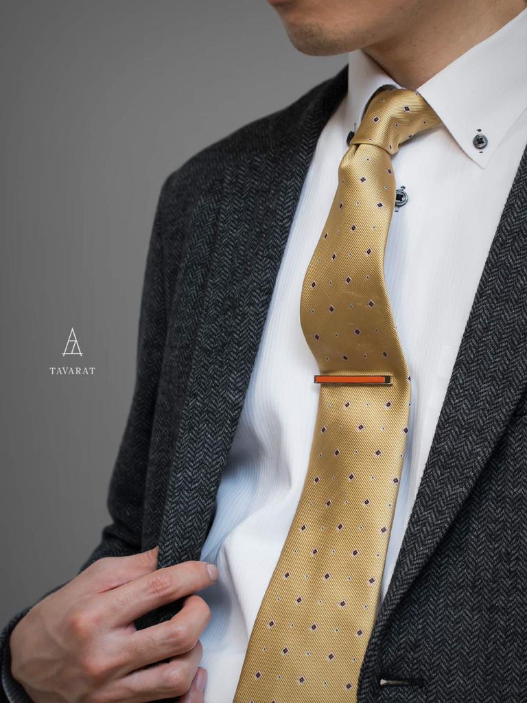 Зажим для галстука и запонки Tabarat Сделано в Японии из натуральной кожи и латуни Мужской набор, (оранжевый)