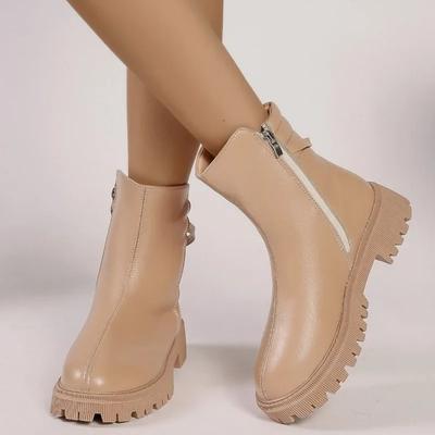 Высококачественные женские ботинки средней высоты с круглым носком и нескользящей подошвой, однотонные, 2024, новые повседневные модные ботинки с боковой молнией для женщин