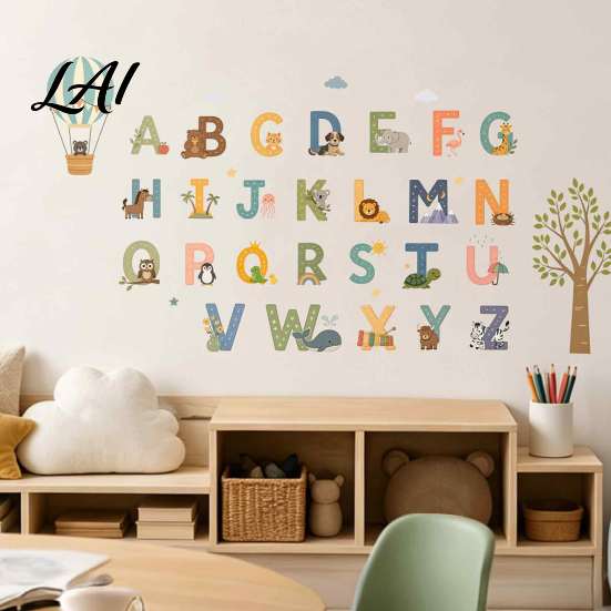 Nursery Decor Cartoon Animal Letters 3Pcs Alphabet Wall Stickers 26 A-Z Educational Decals Peel Removable Stickers for Bedroom and Stick Kids Living