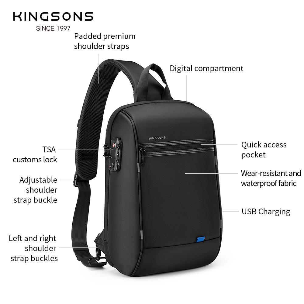 Kingsons Anti-theft Men Chest Bag 14 Inch Laptop Bag Single Shoulder Messenger Bag Waterproof Crossbody Bag With USB Charging Port&TSA Customs Lock