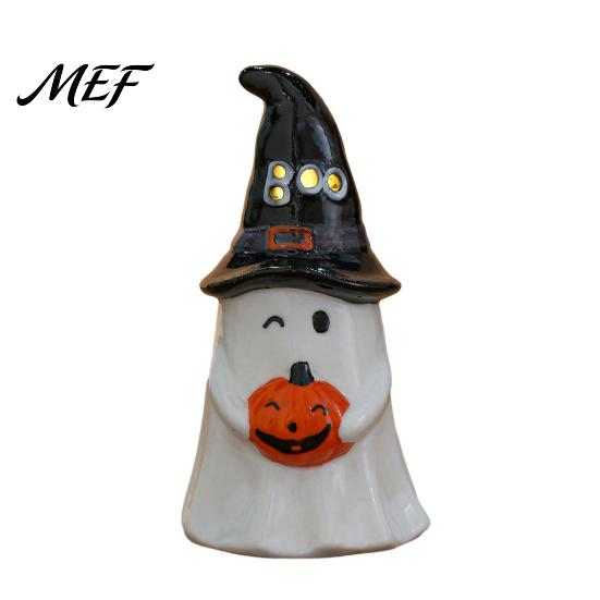 Warm Light Ceramic Halloween Decor Tealight Holder, Lighted Ghost Pumpkin Figurine with Witch Hat, Tiered Tray Tabletop for Party Small Decorative