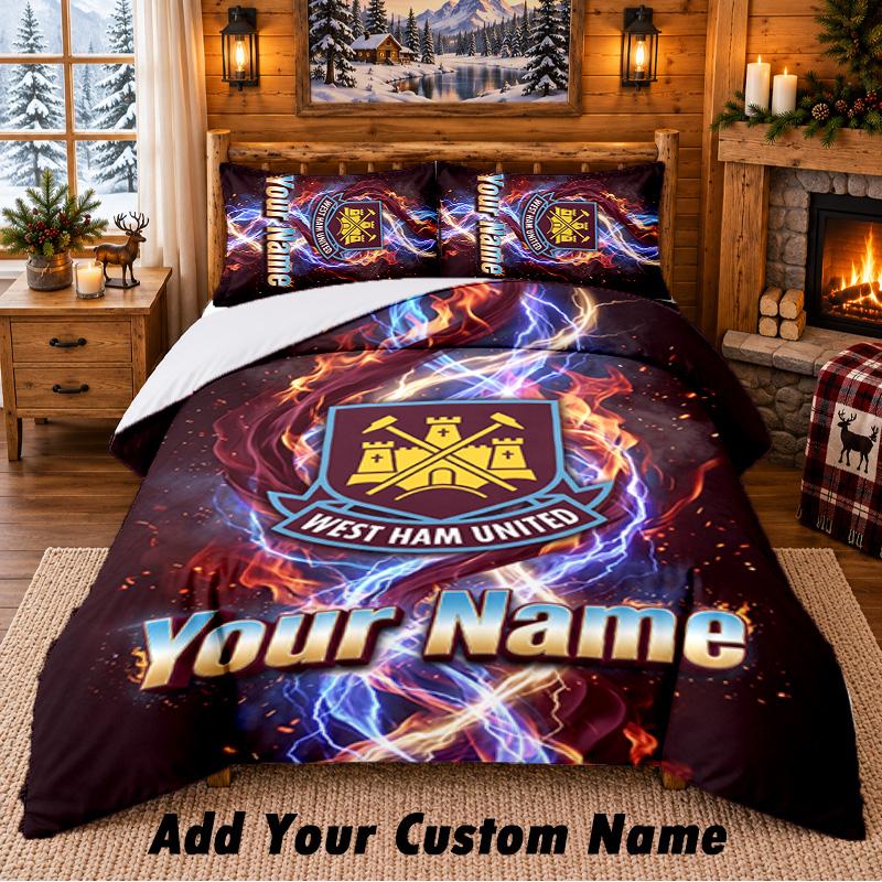 West Ham United FC Pattern Bedding 3Pcs Set Custom Name, Bed Sheet And Pillowcases For Home Bedroom