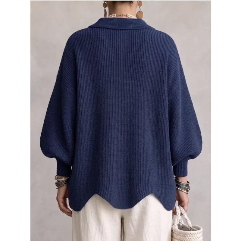 Women Turn Down Collar Long Sleeve Thick Knit Sweater Casual Loose Outerwear Top For Ladies